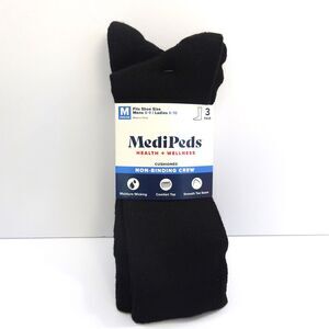 MediPeds Black Cushioned Non-Binding Crew Socks 3 Pair - Size M